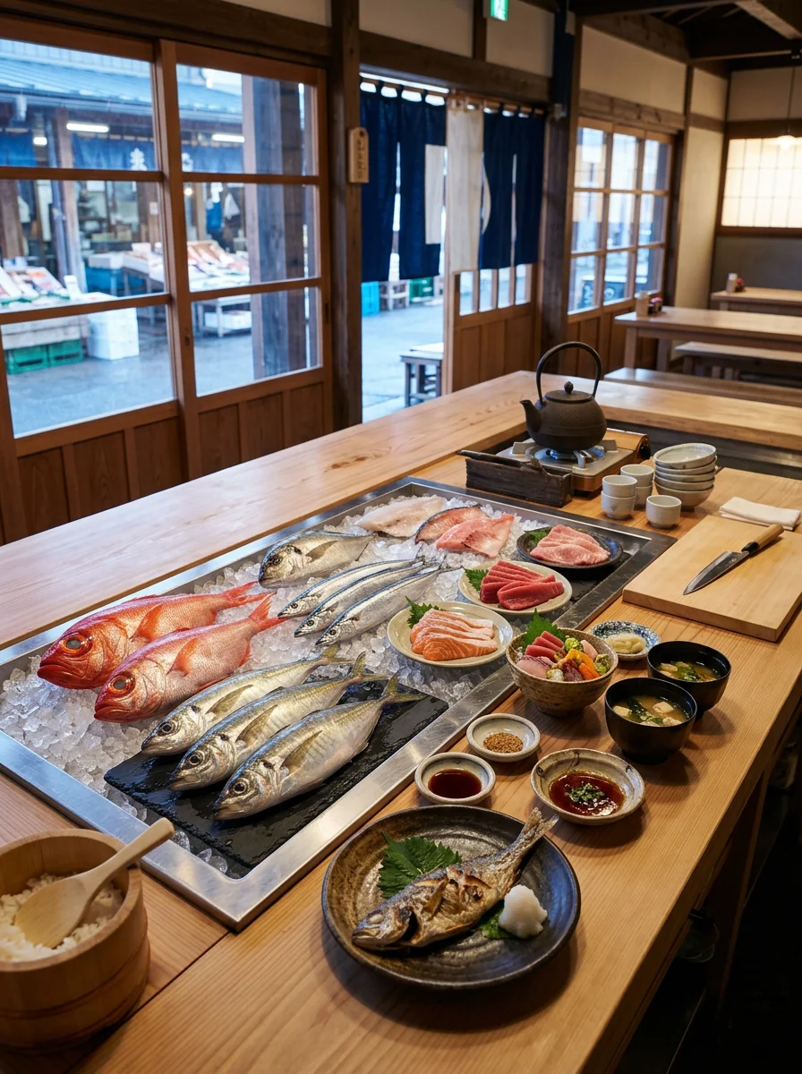 新鮮な魚介を使った料理が並ぶ清潔な調理台と器