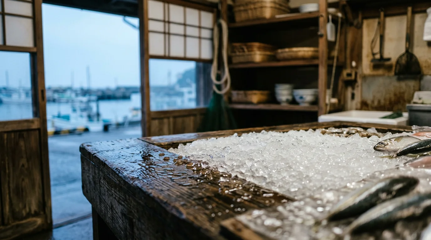夜明け前の房総の魚市場で水揚げを待つ発泡箱と作業台