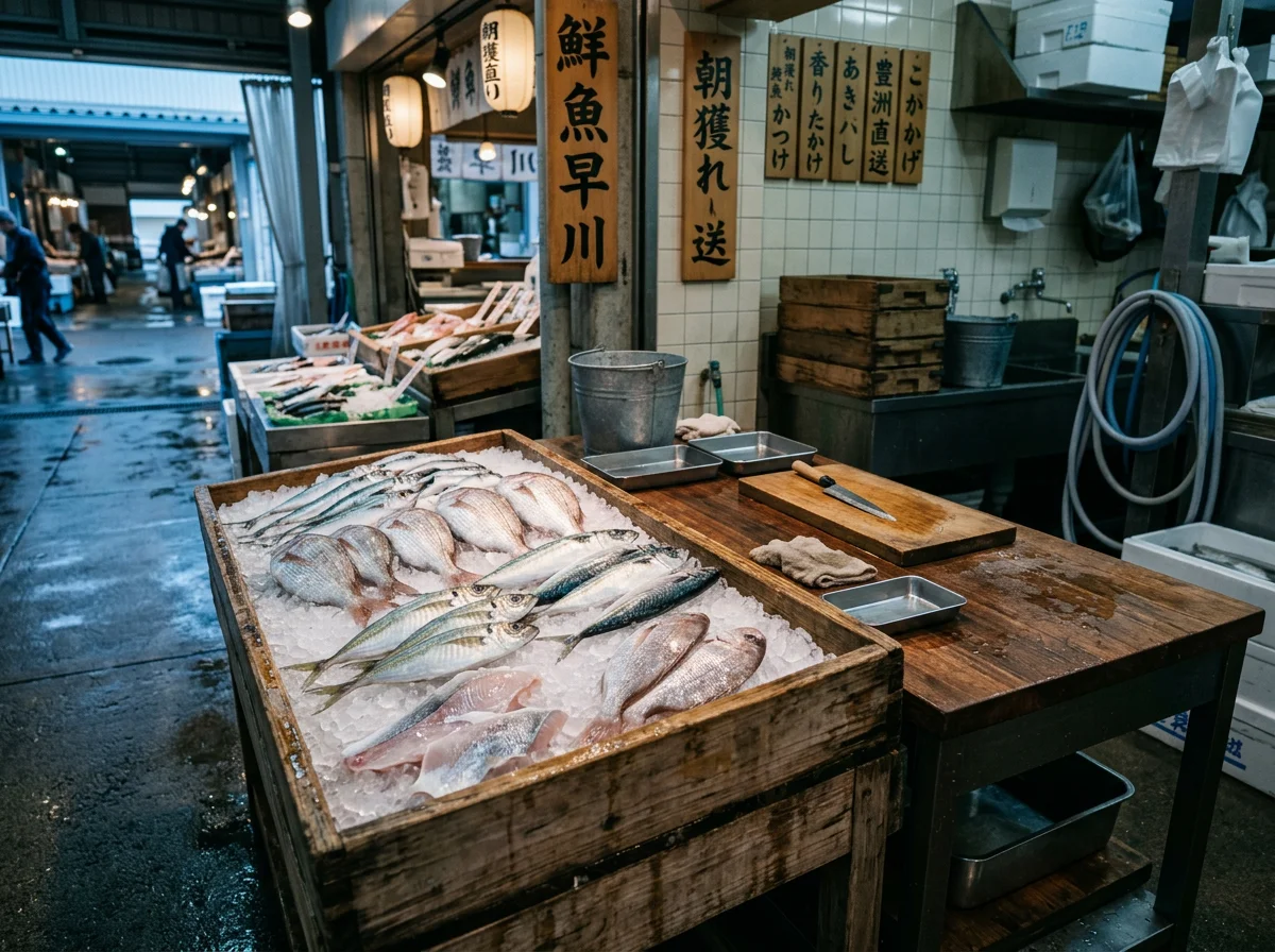 氷の上に並べた赤い魚や白身魚を真上から見た鮮魚売り場