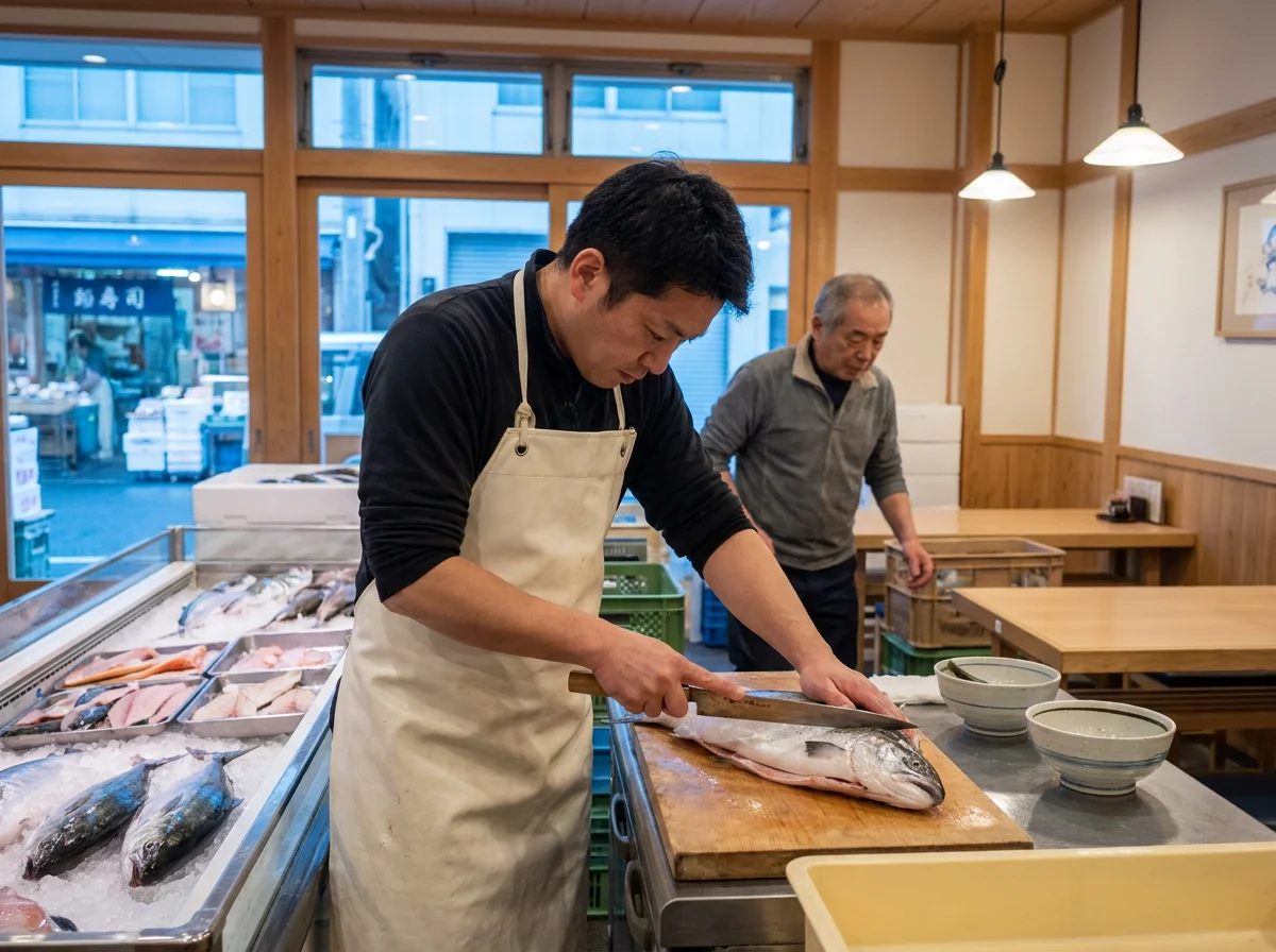 木のカウンターに並ぶ旬の魚料理と小鉢