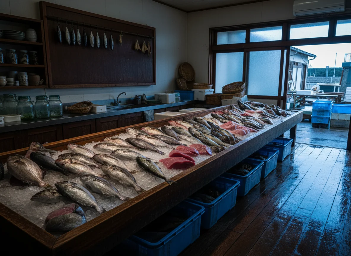 水揚げされた魚が並ぶ港の作業場