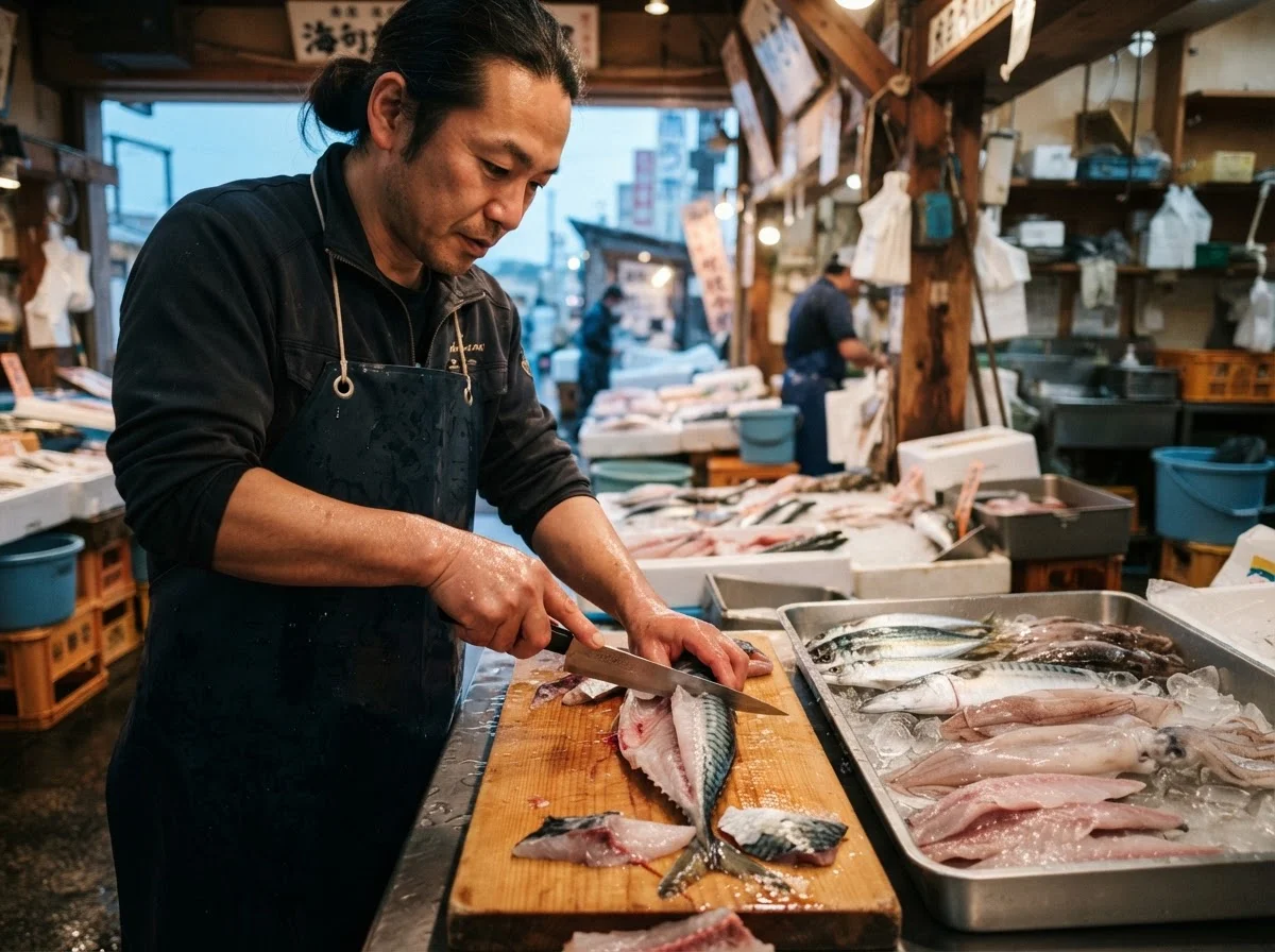 包丁とまな板の上で魚をさばく職人の手元