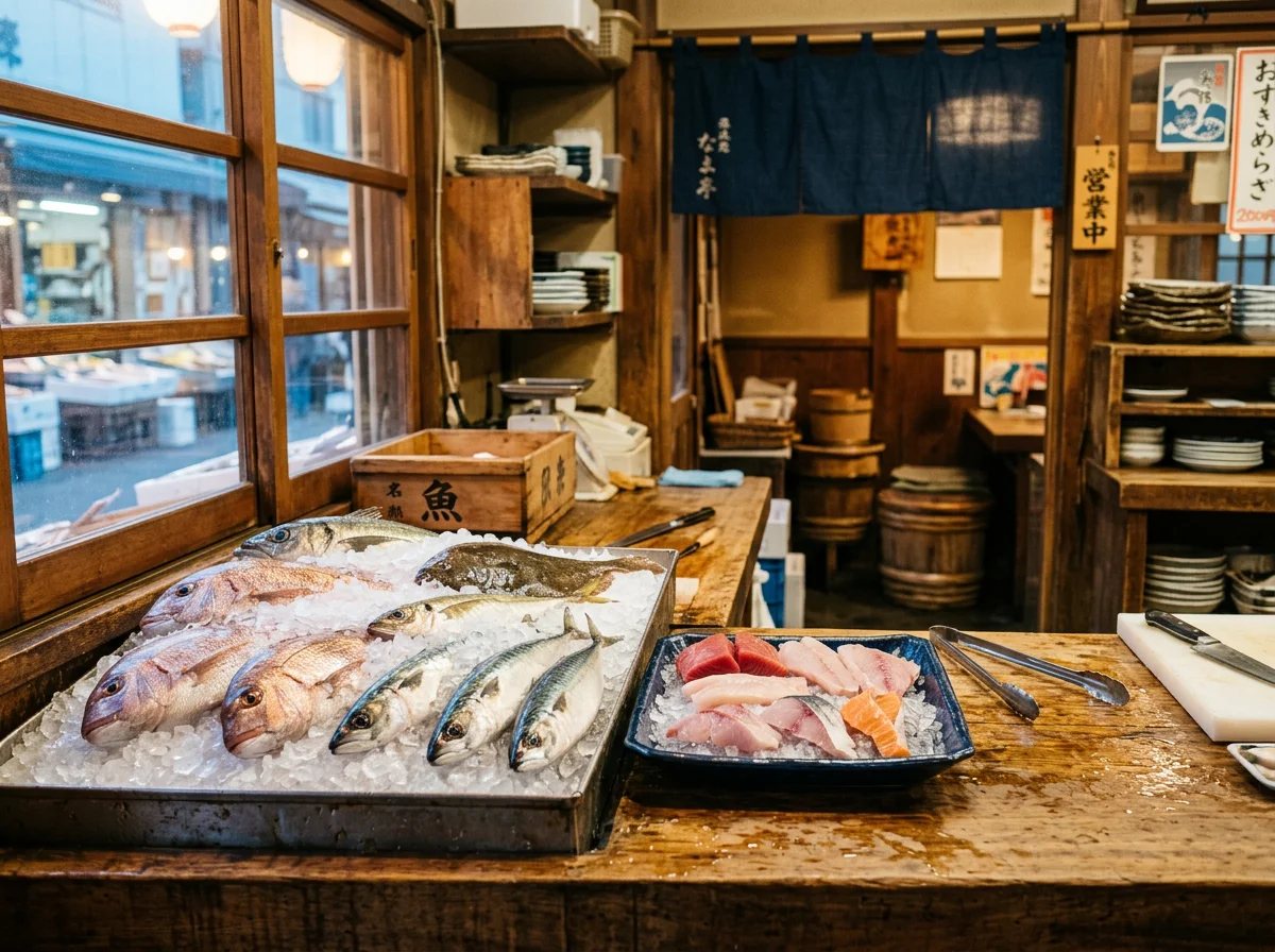 朝獲れの丸魚と切り身が並ぶ鮮魚ディスプレイの俯瞰