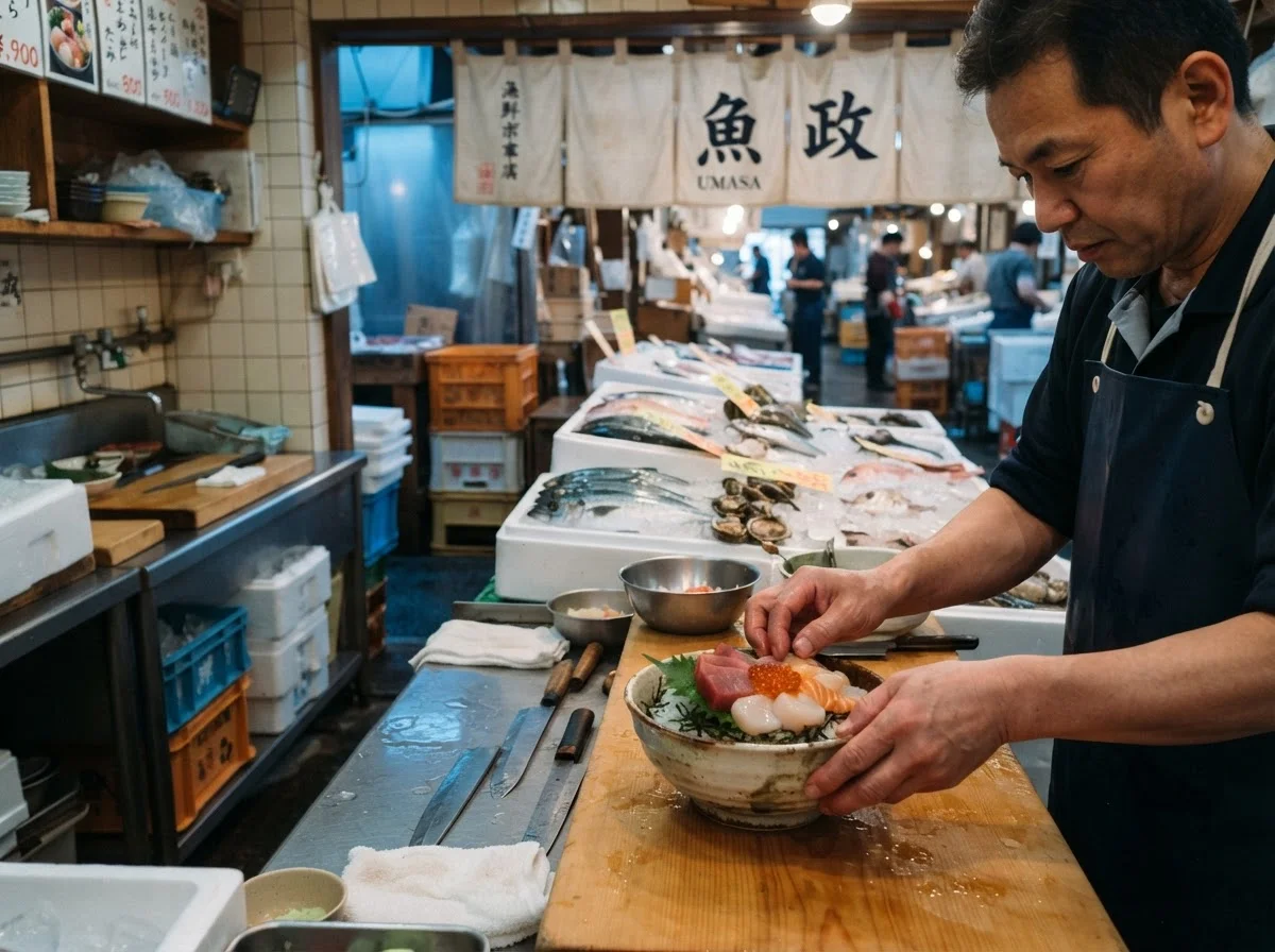木のカウンターに並ぶ刺身と焼き魚料理の斜め上からの様子