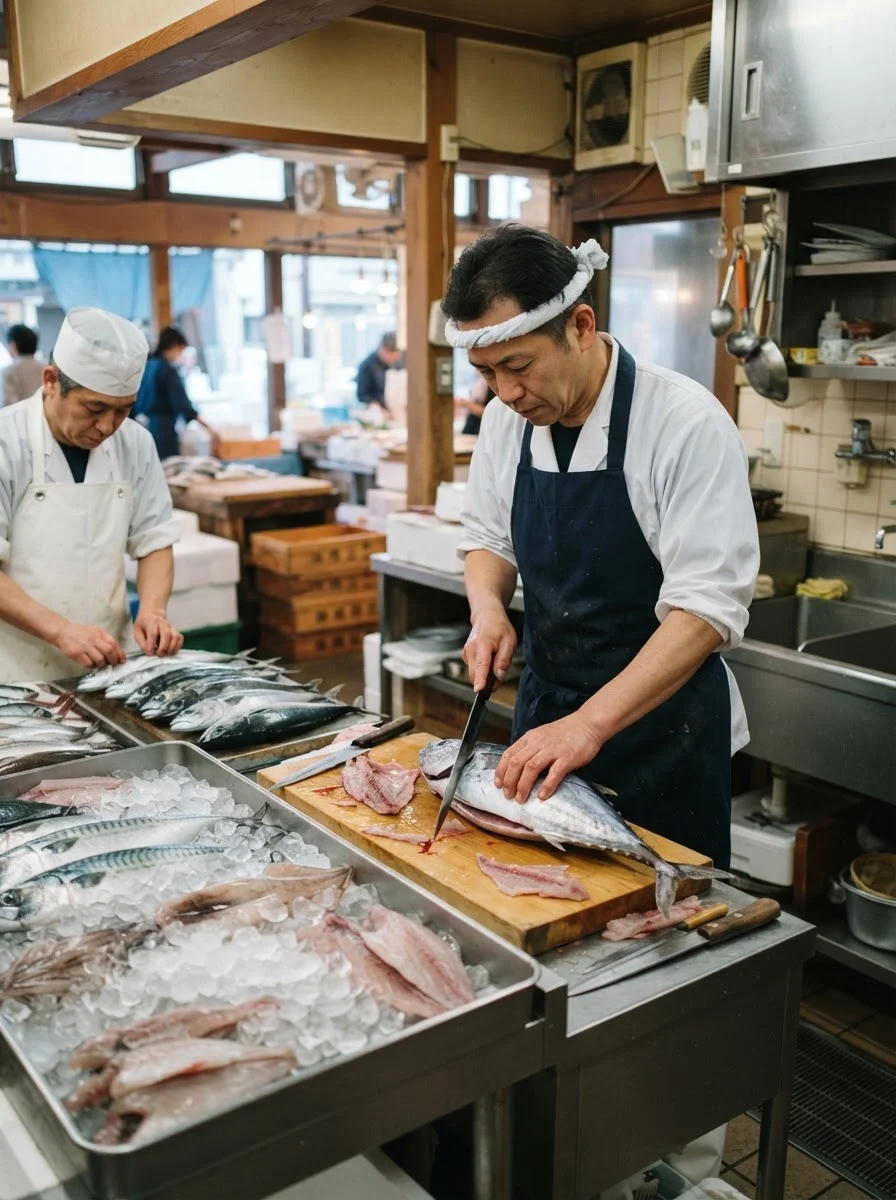 調理場で旬の魚料理を盛り付ける飲食担当スタッフの手元