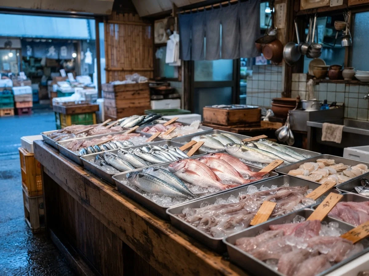 氷を敷いた売り場に旬の鮮魚が種類ごとに並ぶ様子