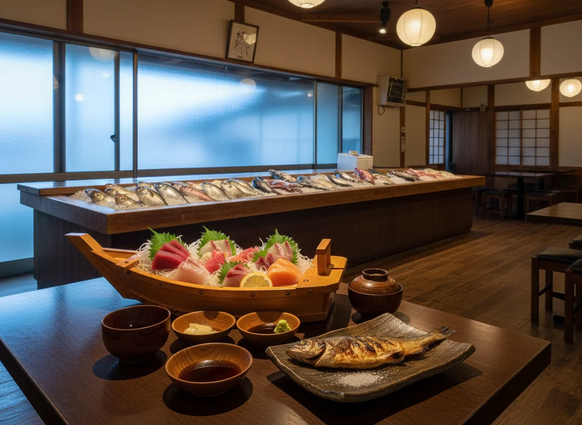 木の器に盛り付けた刺身と焼き魚が並ぶ食卓